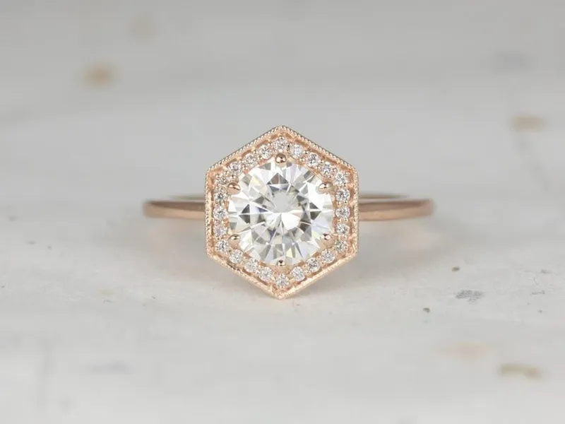 1.25ct Willis 7mm 14kt Rose Gold Moissanite Diamonds WITH Milgrain Art Deco Hexagon Halo Ring vy 3