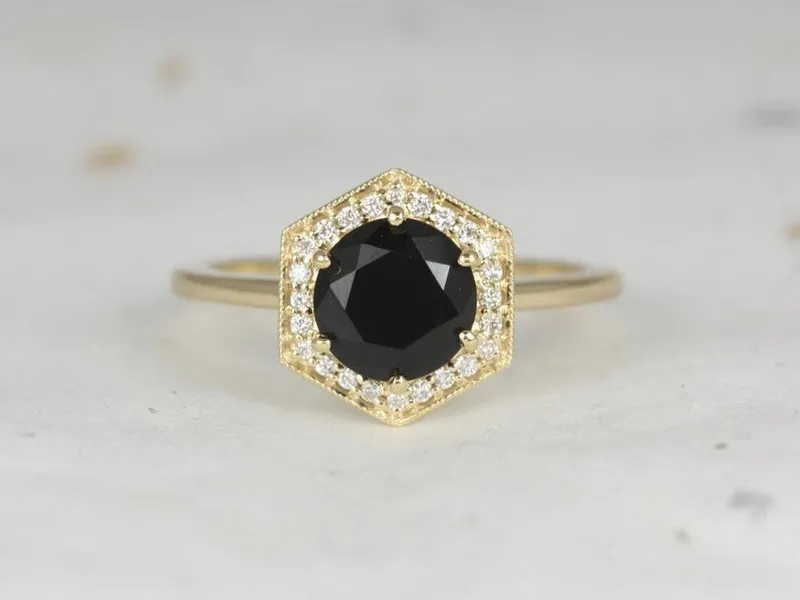 Willis 7mm 14kt Gold Black Onyx Diamond WITH Milgrain Art Deco Hexagon Halo Ring view 2