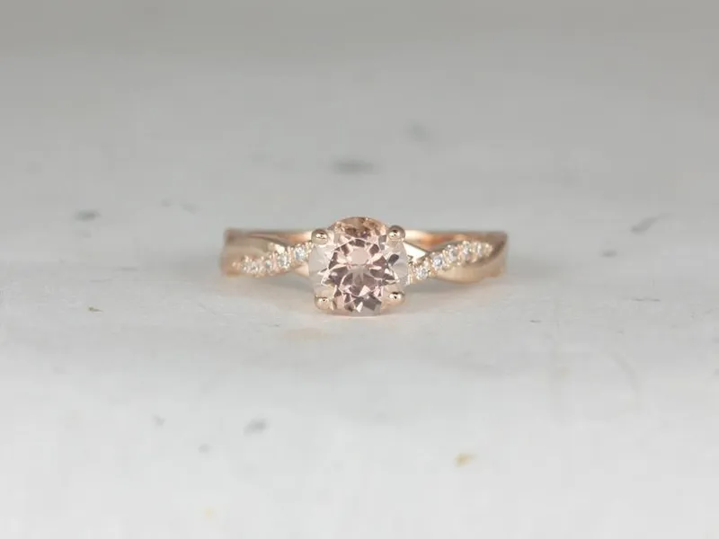 Tyra 7mm 14kt Morganite Diamond Vine Twist Round Solitaire Ring diamond round cut engagement ring