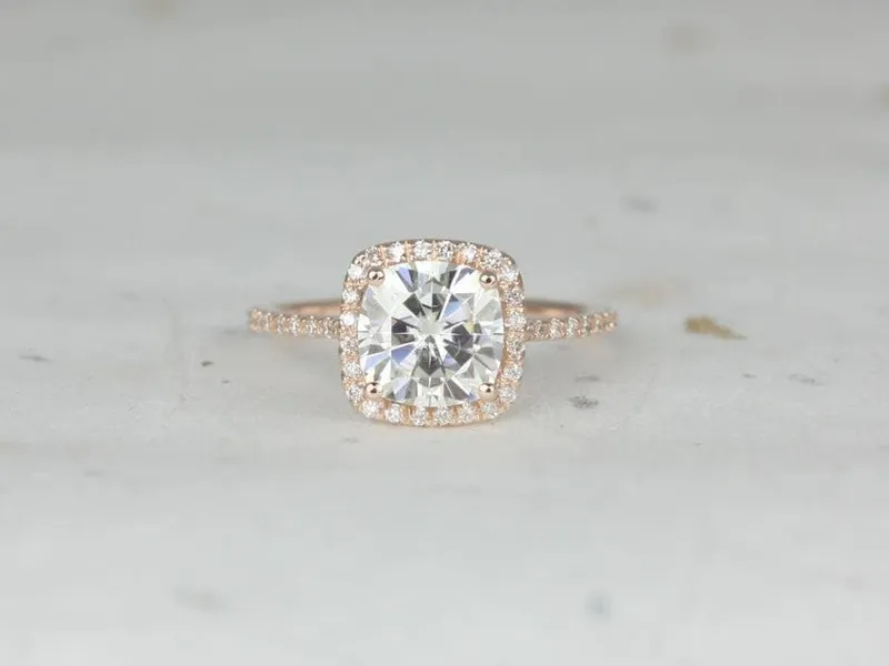 2ct Catalina 7.5mm 14kt Rose Gold Moissanite Diamond Dainty Minimalist Cushion Halo Ring diamond cushion cut engagement ring