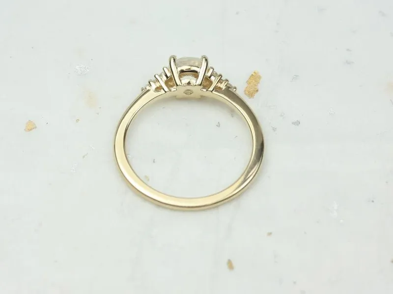 Malia 6mm 14kt Gold Rainbow Moonstone Sapphire Art Deco Three Stone Cluster Ring view 4