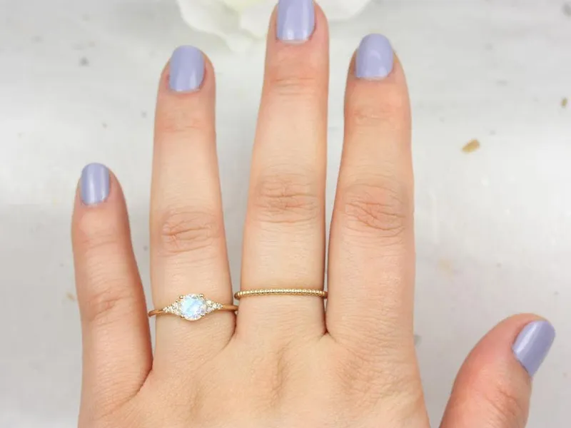 Malia 6mm 14kt Gold Rainbow Moonstone Sapphire Art Deco Three Stone Cluster Ring view 5