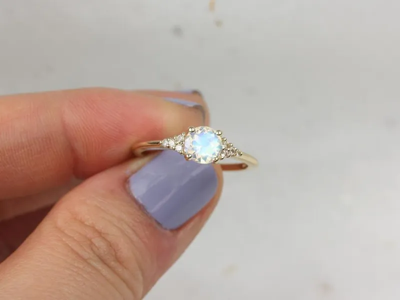 Malia 6mm 14kt Gold Rainbow Moonstone Sapphire Art Deco Three Stone Cluster Ring view 2