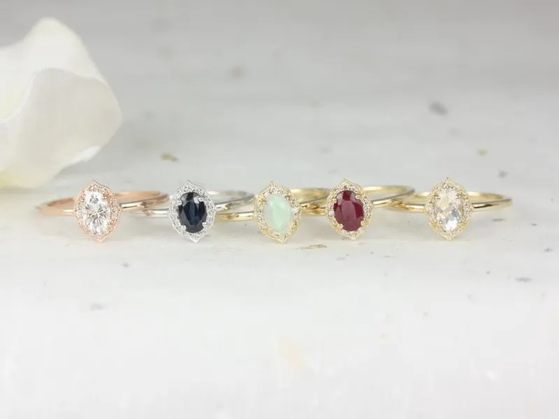 Mini Mae 6x4mm 14kt Gold Opal Diamond WITH Milgrain Unique Oval Halo Ring vy 7