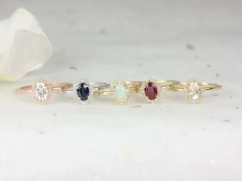 0.50cts Mini Mae 6x4mm 14kt Gold WITH Milgrain Moissanite Diamond Oval Halo Ring view 7