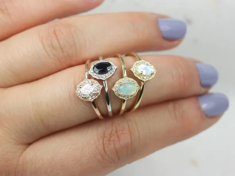 Mini Mae 6x4mm 14kt Gold Rainbow Moonstone Diamond WITH Milgrain Unique Oval Halo Ring view 6