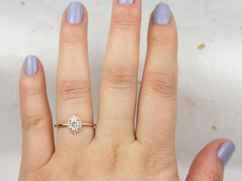 0.50cts Mini Mae 6x4mm 14kt Gold WITH Milgrain Moissanite Diamond Oval Halo Ring view 4