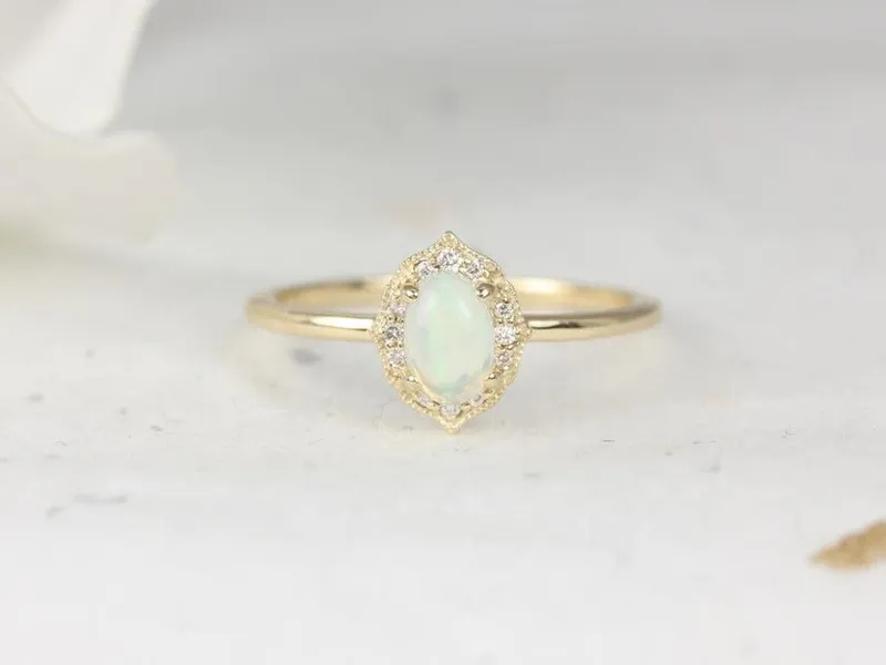 Mini Mae 6x4mm 14kt Gold Opal Diamond WITH Milgrain Unique Oval Halo Ring vy 2