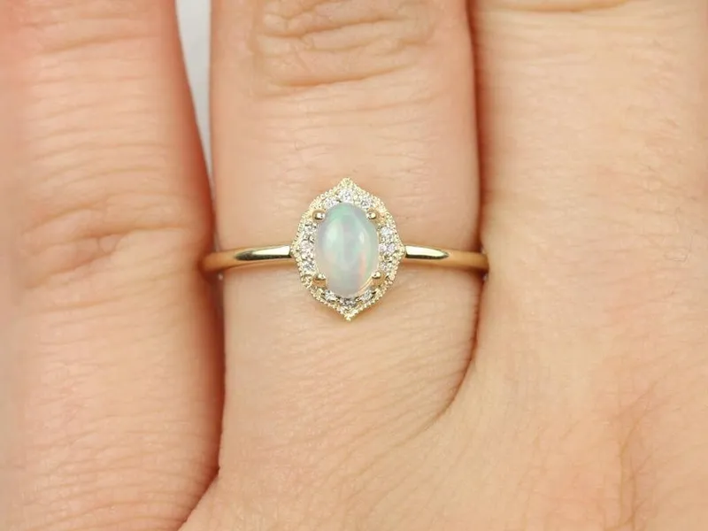 Mini Mae 6x4mm 14kt Gold Opal Diamond WITH Milgrain Unique Oval Halo Ring vy 3