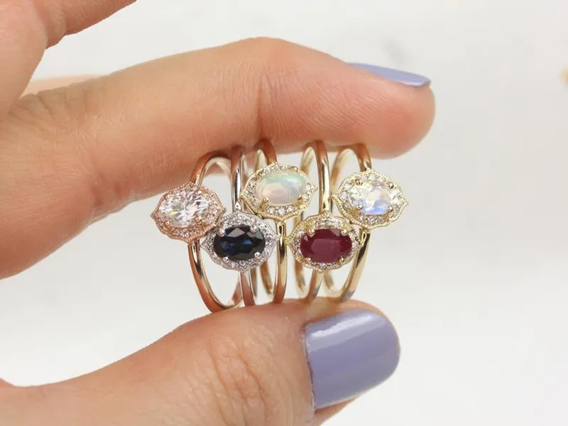 Mini Mae 6x4mm 14kt Gold Opal Diamond WITH Milgrain Unique Oval Halo Ring vy 8