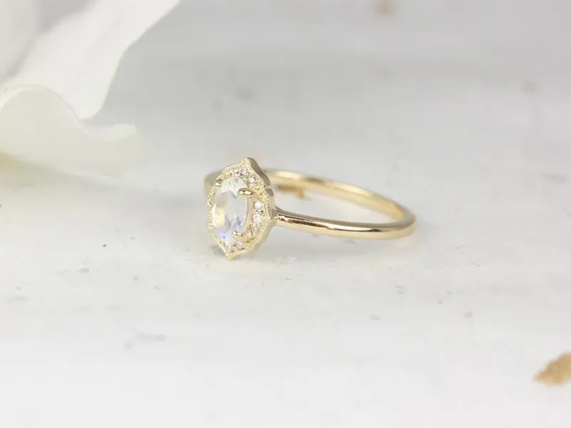 Mini Mae 6x4mm 14kt Gold Rainbow Moonstone Diamond WITH Milgrain Unique Oval Halo Ring view 2