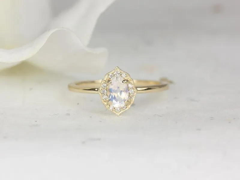 Mini Mae 6x4mm 14kt Gold Rainbow Moonstone Diamond WITH Milgrain Unique Oval Halo Ring diamond oval cut engagement ring