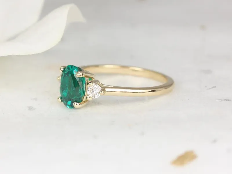 Gloria 8x6mm 14kt Gold Green Emerald Diamond 3 Stone Oval Engagement Ring vy 3