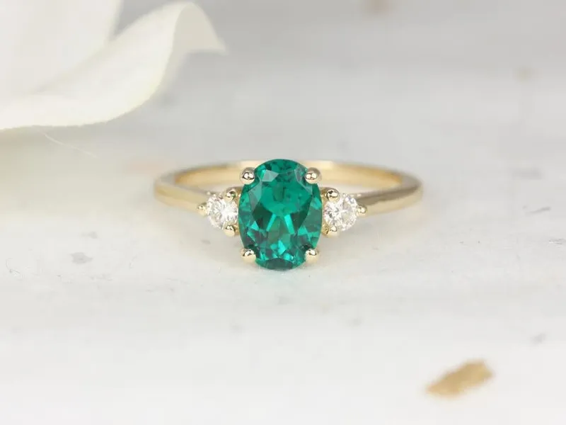 Gloria 8x6mm 14kt Gold Green Emerald Diamond 3 Stone Oval Engagement Ring vy 2