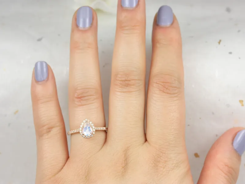 Tabitha 7x5mm 14kt Rose Gold Rainbow Moonstone Diamond Dainty Pear Halo Ring,June Birthstone,Pear Engagement Ring,Gift For Her view 2