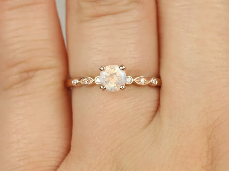 Gale 5mm 14kt Gold Rainbow Moonstone Diamonds WITHOUT Milgrain Art Deco Round Solitaire Ring vy 2