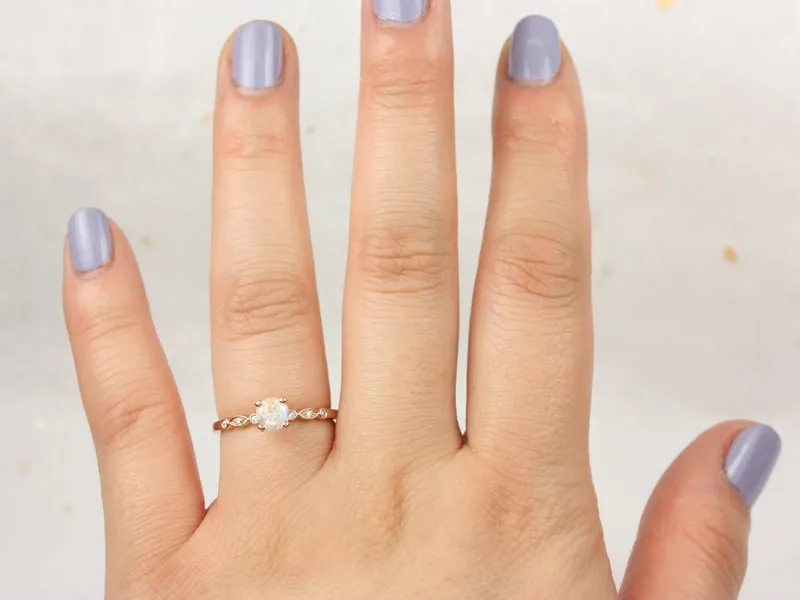 Gale 5mm 14kt Gold Rainbow Moonstone Diamonds WITHOUT Milgrain Art Deco Round Solitaire Ring vy 3