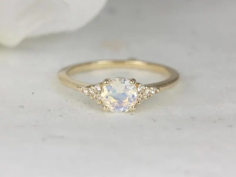 Malia 6mm 14kt Gold Rainbow Moonstone Sapphire Art Deco Three Stone Cluster Ring view 3