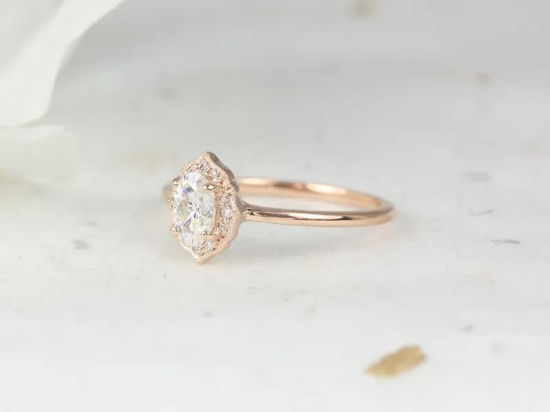 0.50cts Mini Mae 6x4mm 14kt Gold WITH Milgrain Moissanite Diamond Oval Halo Ring view 3
