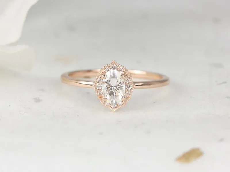 0.50cts Mini Mae 6x4mm 14kt Gold WITH Milgrain Moissanite Diamond Oval Halo Ring view 2