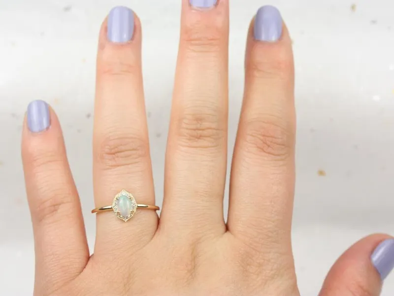 Mini Mae 6x4mm 14kt Gold Opal Diamond WITH Milgrain Unique Oval Halo Ring vy 4