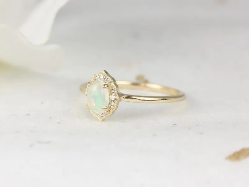 Mini Mae 6x4mm 14kt Gold Opal Diamond WITH Milgrain Unique Oval Halo Ring diamond oval cut engagement ring