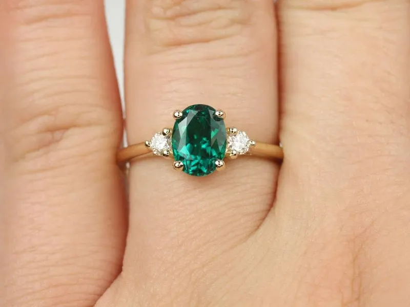 Gloria 8x6mm 14kt Gold Green Emerald Diamond 3 Stone Oval Engagement Ring green emerald oval cut engagement ring