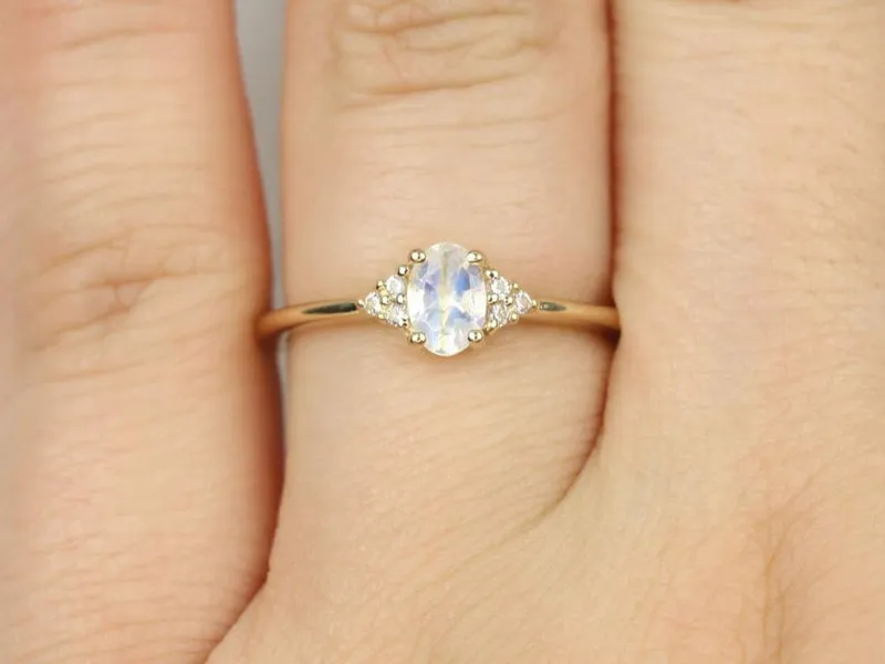 Juniper 6x4mm 14kt Gold Moonstone Sapphire Art Deco 3 Stone Ring Cluster Ring sapphire engagement ring