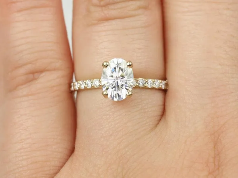 1.50ct Sonia 8x6mm 14kt Gold Forever One Moissanite Diamond Dainty Pave Oval Engagement Ring,Minimalist Oval Solitaire Ring vy 4