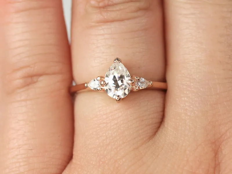 0.75ct Petite Evette 7x5mm 14kt Moissanite Diamond Three Stone Pear Ring,Pear Engagement Ring,Minimalist Pear Ring,Anniversary Gift diamond pear cut engagement ring