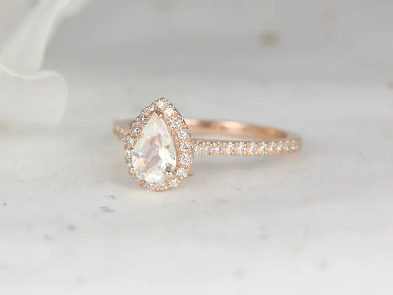 Tabitha 7x5mm 14kt Rose Gold Rainbow Moonstone Diamond Dainty Pear Halo Ring,June Birthstone,Pear Engagement Ring,Gift For Her view 4
