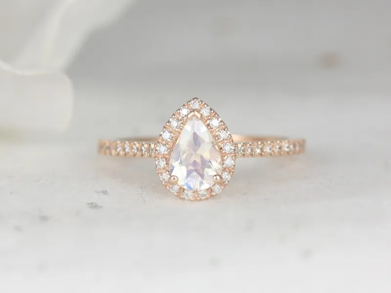 Tabitha 7x5mm 14kt Rose Gold Rainbow Moonstone Diamond Dainty Pear Halo Ring,June Birthstone,Pear Engagement Ring,Gift For Her view 3