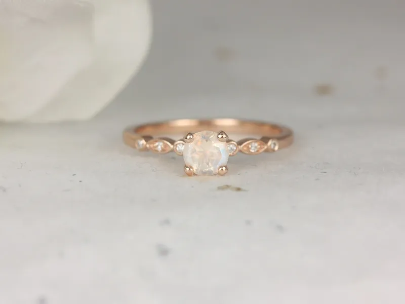 Gale 5mm 14kt Gold Rainbow Moonstone Diamonds WITHOUT Milgrain Art Deco Round Solitaire Ring vy 4