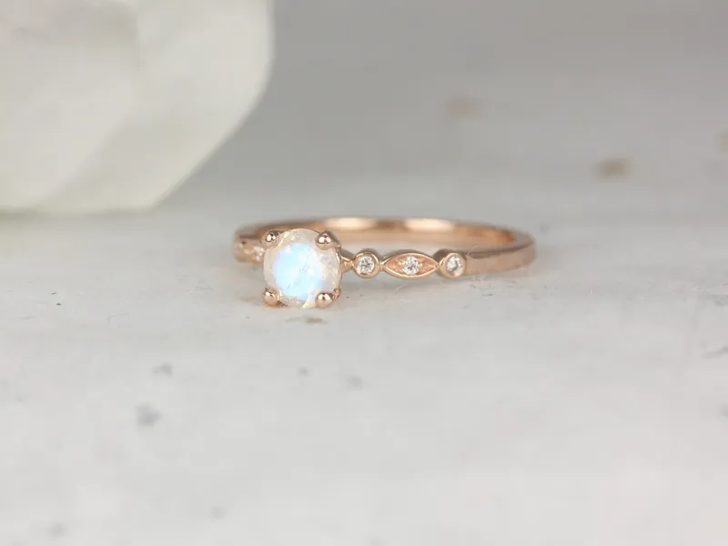 Gale 5mm 14kt Gold Rainbow Moonstone Diamonds WITHOUT Milgrain Art Deco Round Solitaire Ring round cut engagement ring
