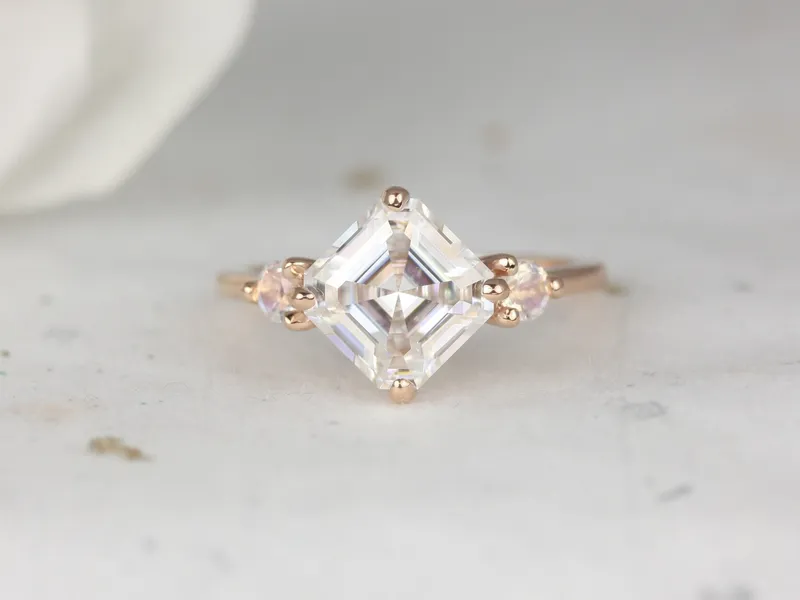 2.20cts Maxine 8mm 14kt Rose Gold Moissanite Moonstone Round Dainty 3 Stone Asscher Engagement Ring view 2