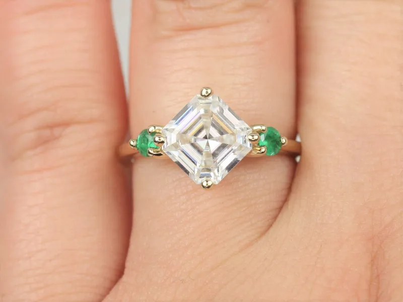 2.20cts Maxine 8mm 14kt Gold Moissanite Green Emerald Dainty 3 Stone Asscher Engagement Ring view 3