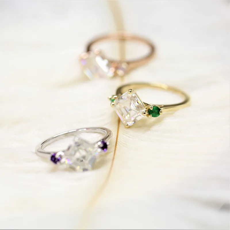 2.20cts Maxine 8mm 14kt Gold Moissanite Green Emerald Dainty 3 Stone Asscher Engagement Ring view 5