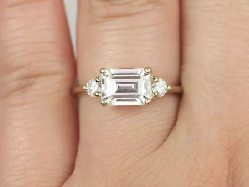 Ready to Ship 1.75cts Saint 8x6mm 14kt WHITE Gold Forever One Moissanite East West Horizontal 3 Stone Minimalist Emerald Engagement Ring vy 5