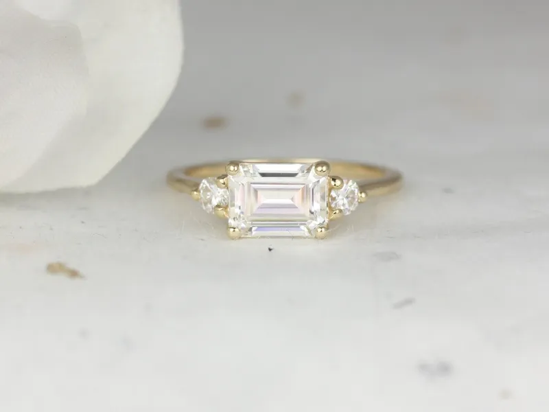 Ready to Ship 1.75cts Saint 8x6mm 14kt WHITE Gold Forever One Moissanite East West Horizontal 3 Stone Minimalist Emerald Engagement Ring vy 2