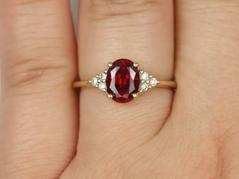 Juniper 8x6mm 14kt Gold Ruby Diamonds Dainty Oval Cluster Ring ruby oval cut engagement ring