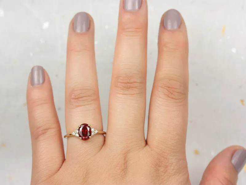 Juniper 8x6mm 14kt Gold Ruby Diamonds Dainty Oval Cluster Ring view 2