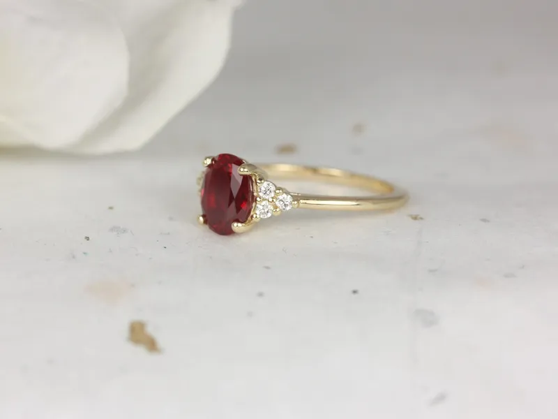 Juniper 8x6mm 14kt Gold Ruby Diamonds Dainty Oval Cluster Ring view 4