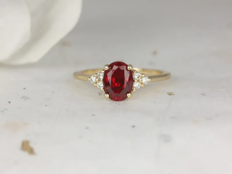 Juniper 8x6mm 14kt Gold Ruby Diamonds Dainty Oval Cluster Ring view 3