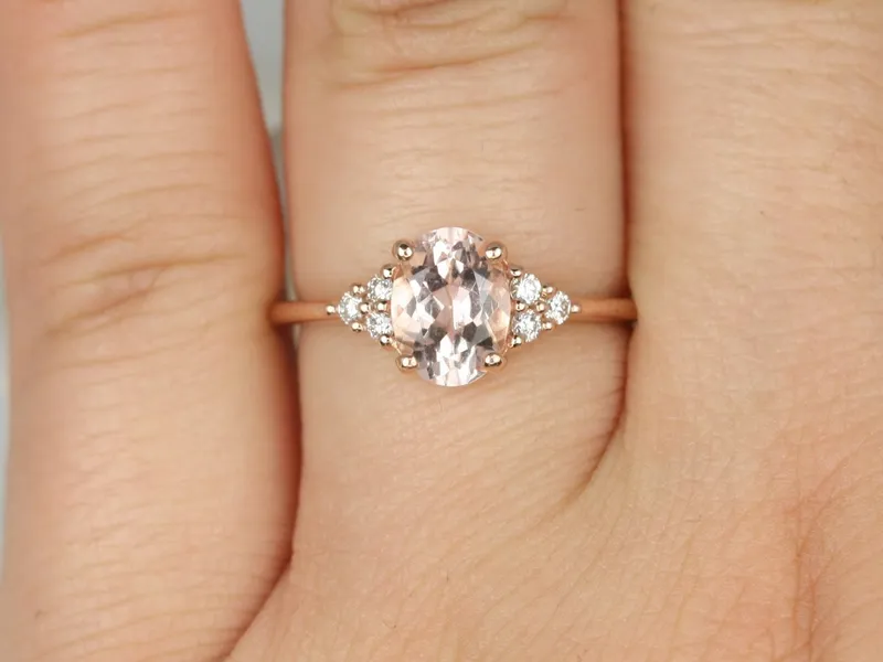 Juniper 8x6mm 14kt Rose Gold Morganite Diamond Three Stone Oval Engagement Ring,Dainty Morganite Cluster Ring,Anniversary Gift view 4