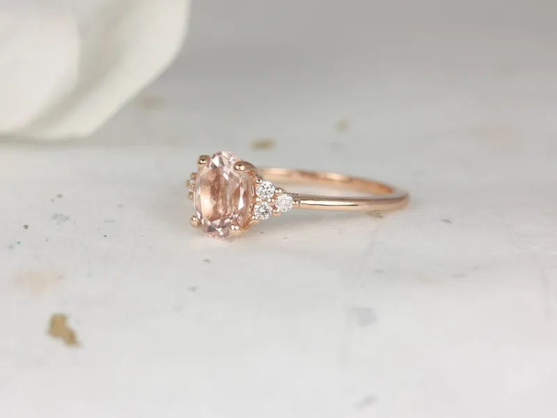 Juniper 8x6mm 14kt Rose Gold Morganite Diamond Three Stone Oval Engagement Ring,Dainty Morganite Cluster Ring,Anniversary Gift view 2