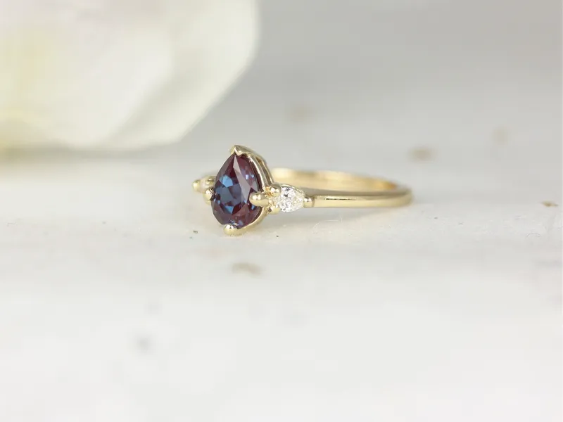 Petite Evette 7x5mm 14kt Gold Alexandrite Diamond Pear 3 Stone Ring view 2