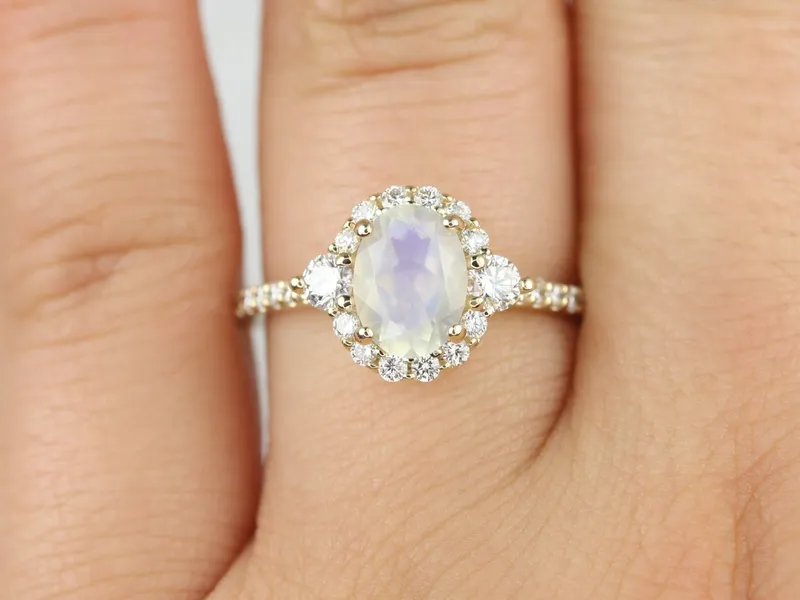 Ready to Ship Bridgette 8x6mm 14kt Gold Rainbow Moonstone Diamond Unique Oval Halo Ring diamond oval cut engagement ring