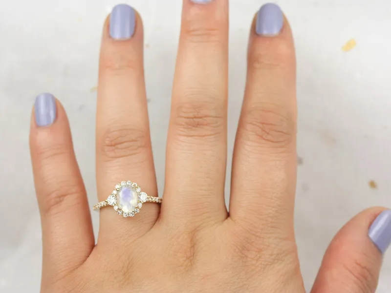Ready to Ship Bridgette 8x6mm 14kt Gold Rainbow Moonstone Diamond Unique Oval Halo Ring view 2