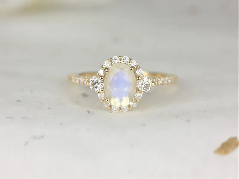Ready to Ship Bridgette 8x6mm 14kt Gold Rainbow Moonstone Diamond Unique Oval Halo Ring view 3