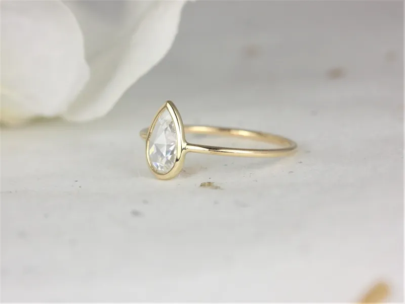 Ready to Ship Pandora 8x5mm 14kt Yellow Gold Forever One Rose Cut Moissanite Bezel Pear Solitaire Ring view 2